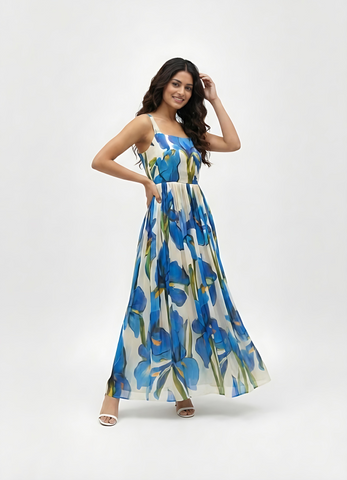 Elegant pleated maxi dress with a structured bodice and delicate straps, ideal for outdoor brunches and festive daytime events.