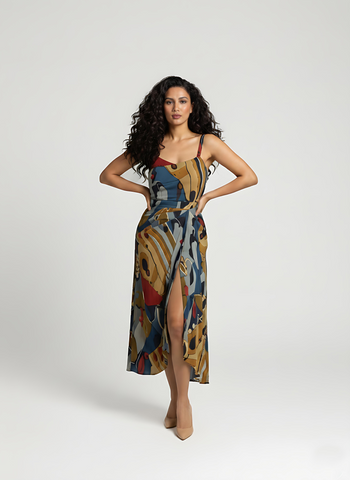 Chinon midi dress with square neckline and multicolor abstract geometric print, featuring a flowy wrap silhouette for resort wear