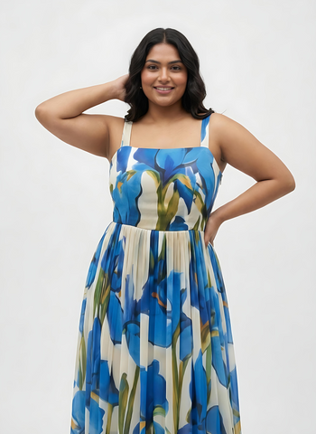 Curve fit chinon maxi dress with a structured bodice and slim straps, designed to frame the upper body