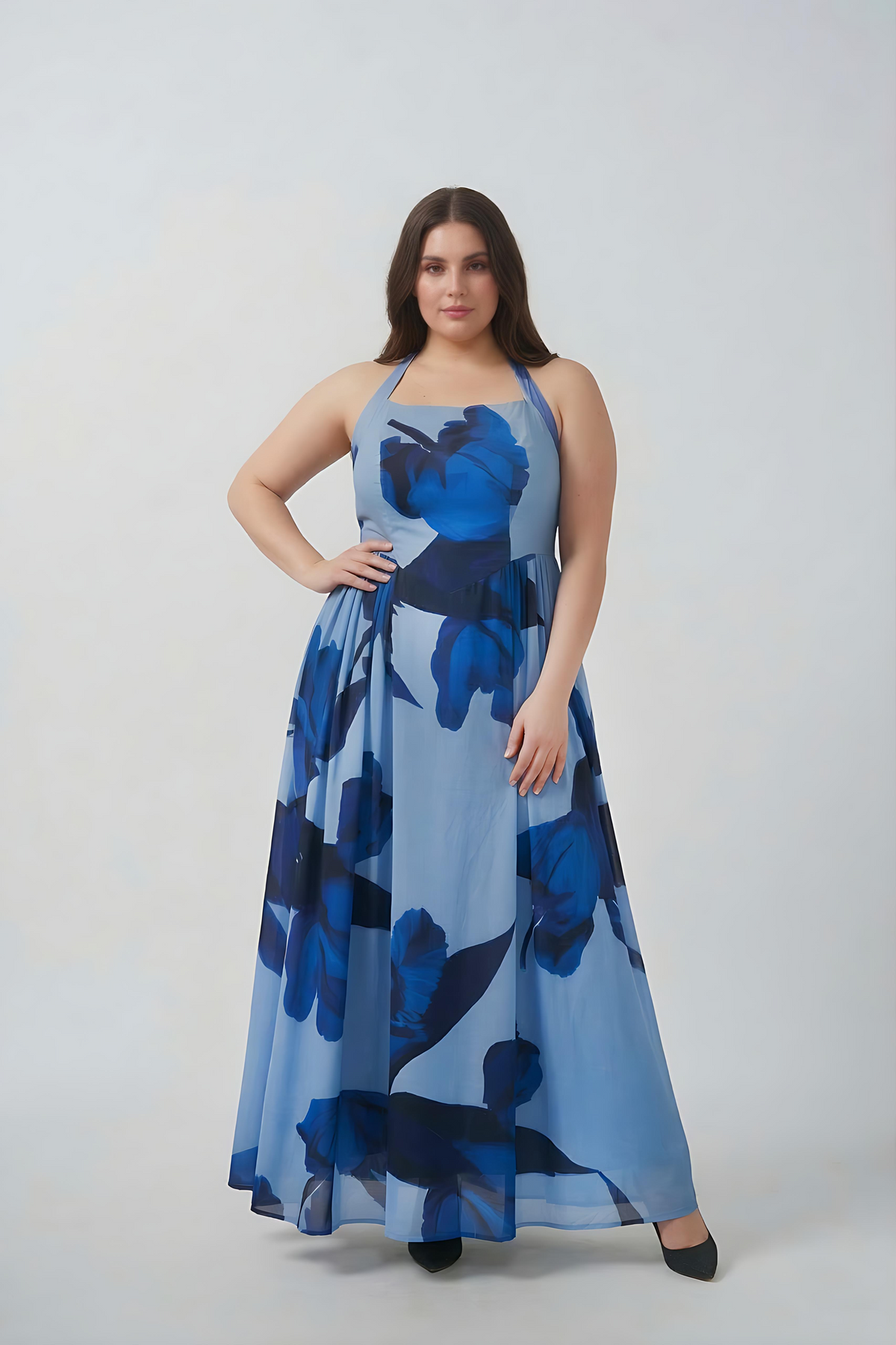 Curve fit crepe dress with a halter neckline and adjustable tie-back, designed to create a balanced and flattering shape