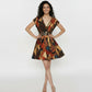 Short V-neck abstract mosaic print dress with a striped waistband, suitable for brunches and evening celebrations