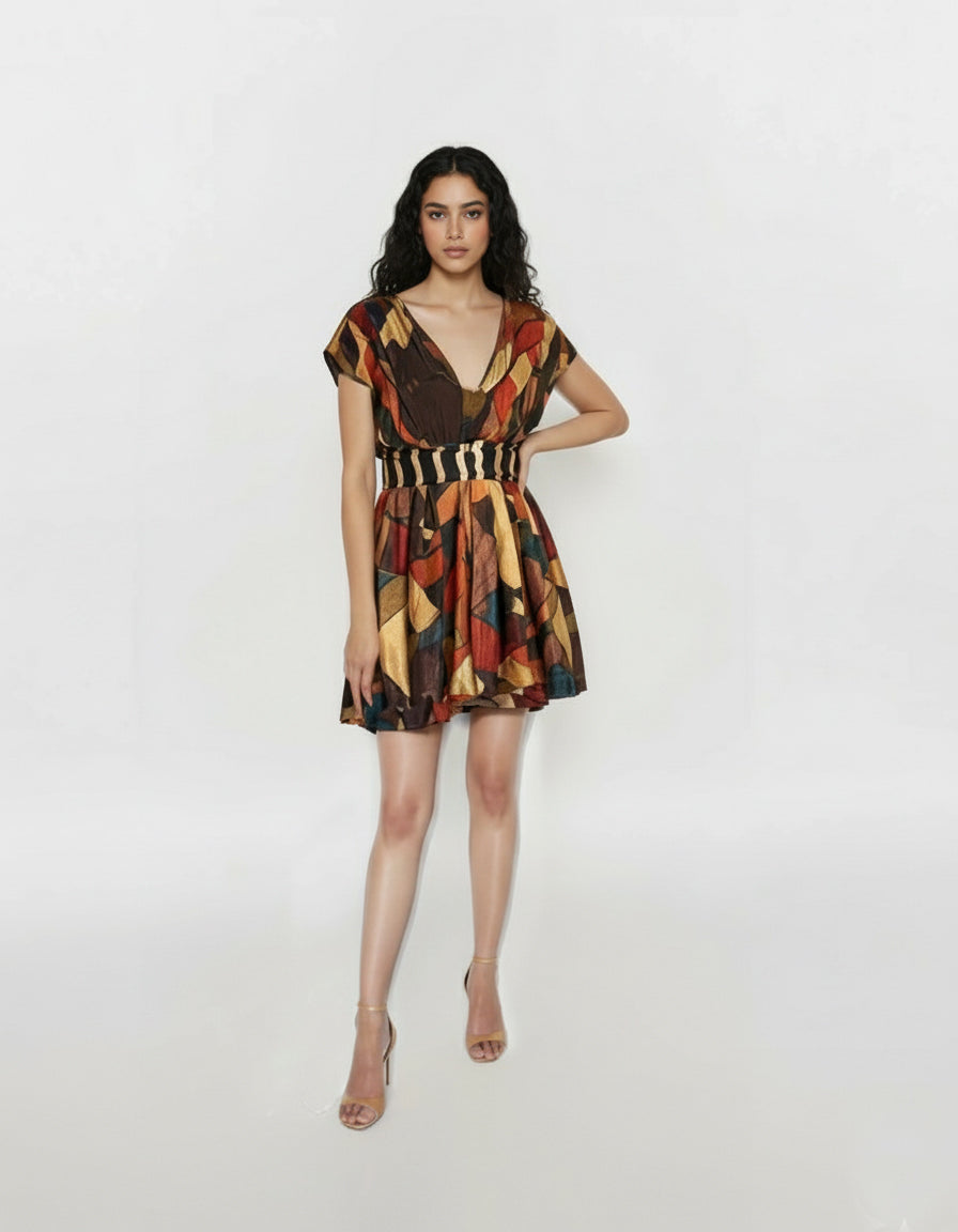 Short V-neck fit-and-flare dress with a contrasting striped waistband and multicolored abstract mosaic print