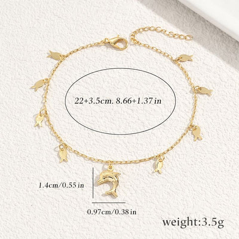 A high-quality gold dolphin anklet with an adjustable 22cm plus 3.5cm chain, ensuring a comfortable and secure fit for all-day wear.