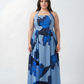 Plus size light and dark blue floral crepe ankle-length dress with a halter tie-back neckline