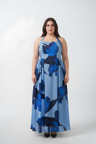 Plus size light and dark blue floral crepe ankle-length dress with a halter tie-back neckline