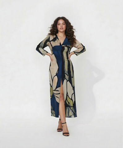 Plus size navy, beige, and olive abstract crepe full-length dress with a V-neck and front slit