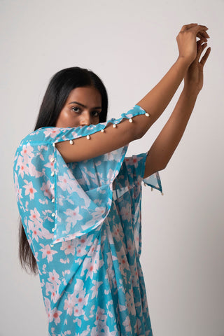 Faux georgette dress featuring slit sleeves adorned with delicate sea shell accents