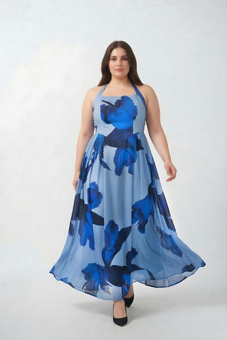 XL blue floral crepe ankle-length dress, perfect for brunches, parties, and evening plans